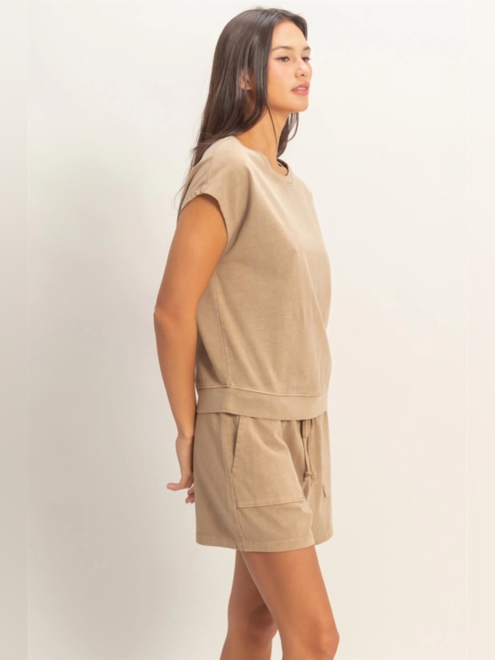 NEW Double Zero Mocha Cotton Lounge Set Sleeveless Crew Neck Shorts Set Large - Picture 2 of 7
